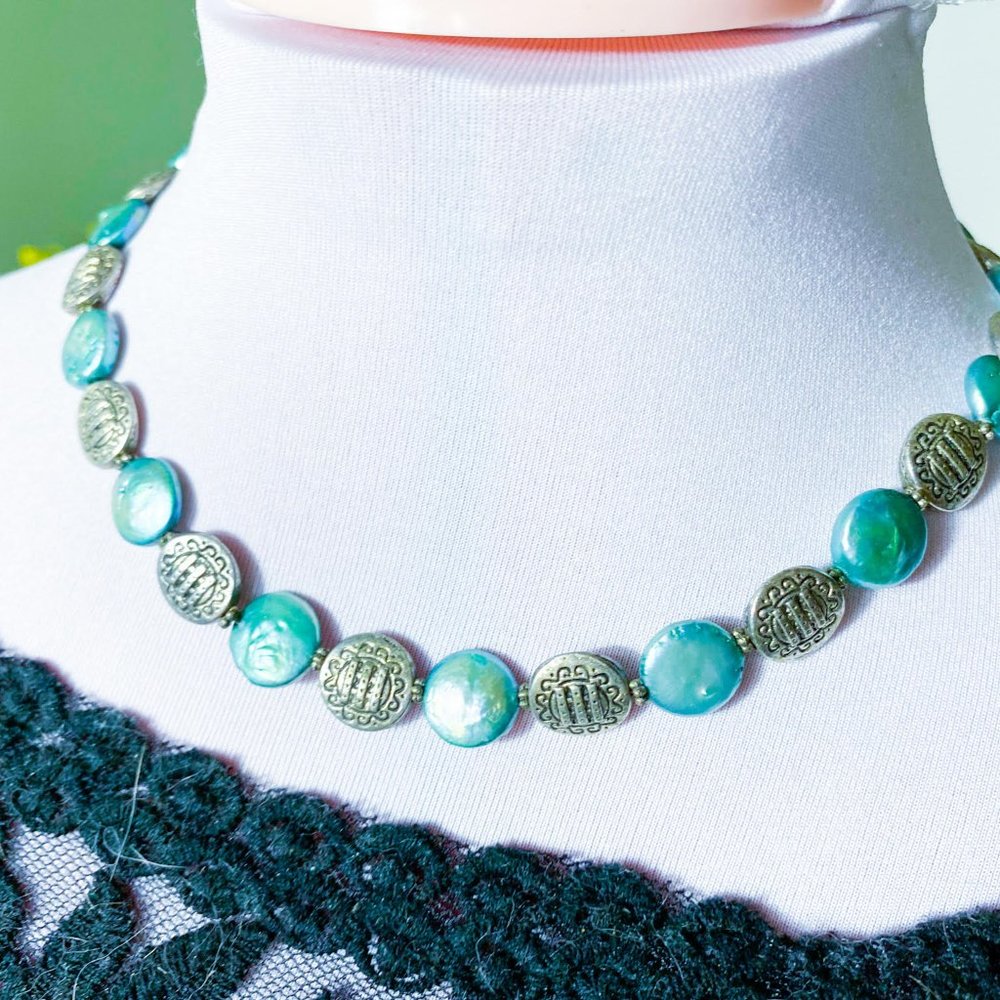 Blue/Pewter Necklace, blue beads are iridescent